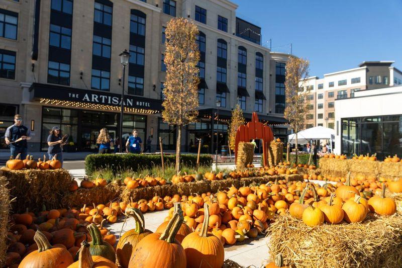 Pumpkin display in front of the Artisan Hotel in Tuscan Village, Salem, NH